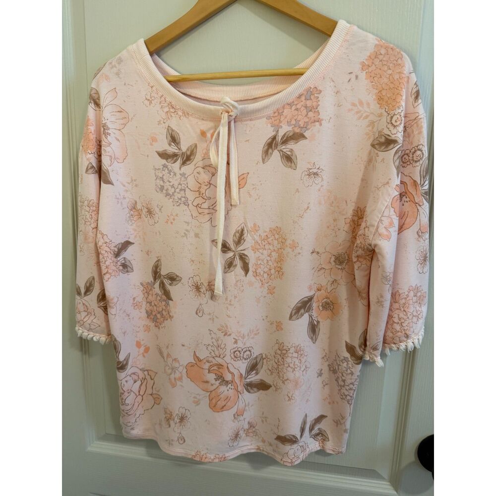 Democracy Womens Floral Top Drawstring SZ S